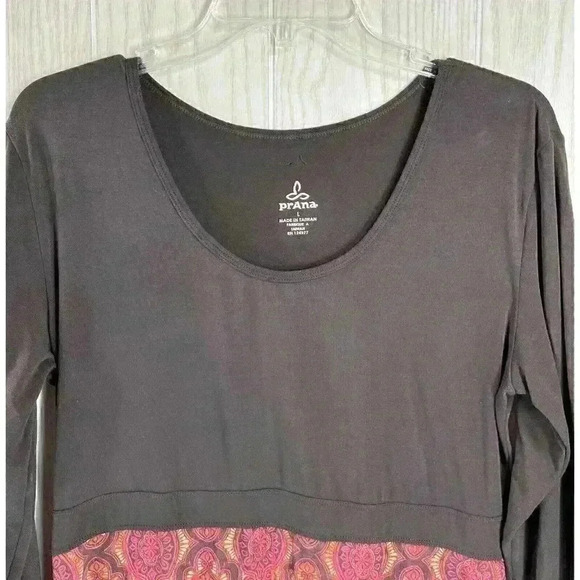 Prana Sz Large Kaley Dress Knee Length Long Sleeve Brown Pink Jacquard Print - Picture 2 of 7